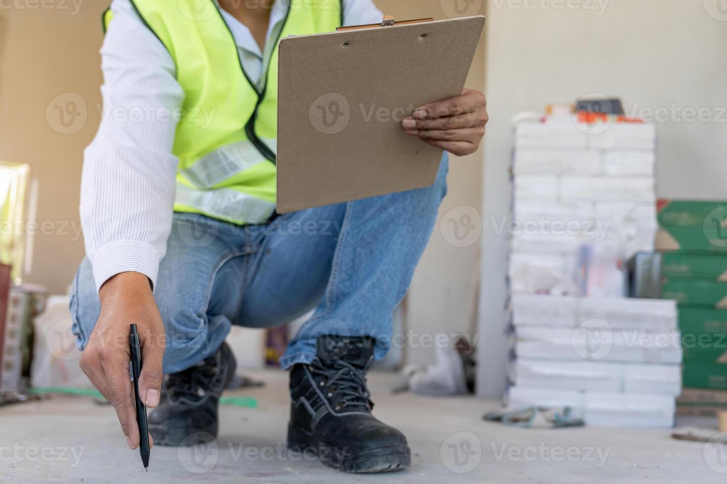 inspector engineer inspecting construction and quality assurance new house using a checklist. Engineers or architects or contactor work to build the house. photo