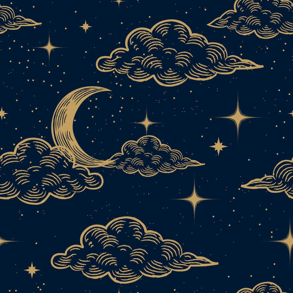 Starry magic night sky seamless pattern background. Bright golden moon, stars, clouds and constellations wallpaper. Space backdrop. Dark Sky with shiny stars. Illustration. vector