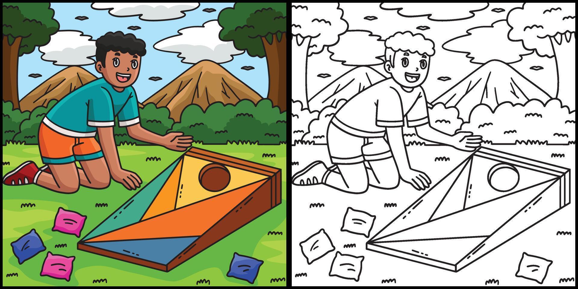 Child playing cornhole game outdoors vector