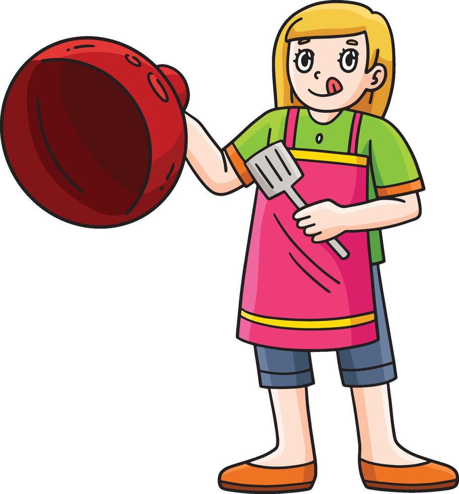 Girl Holding Grill Cover and a Spatula Clipart vector