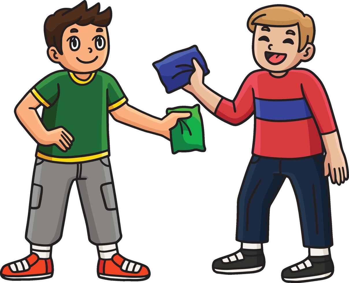 Cornhole Boys Holding Bag Cartoon Colored Clipart vector