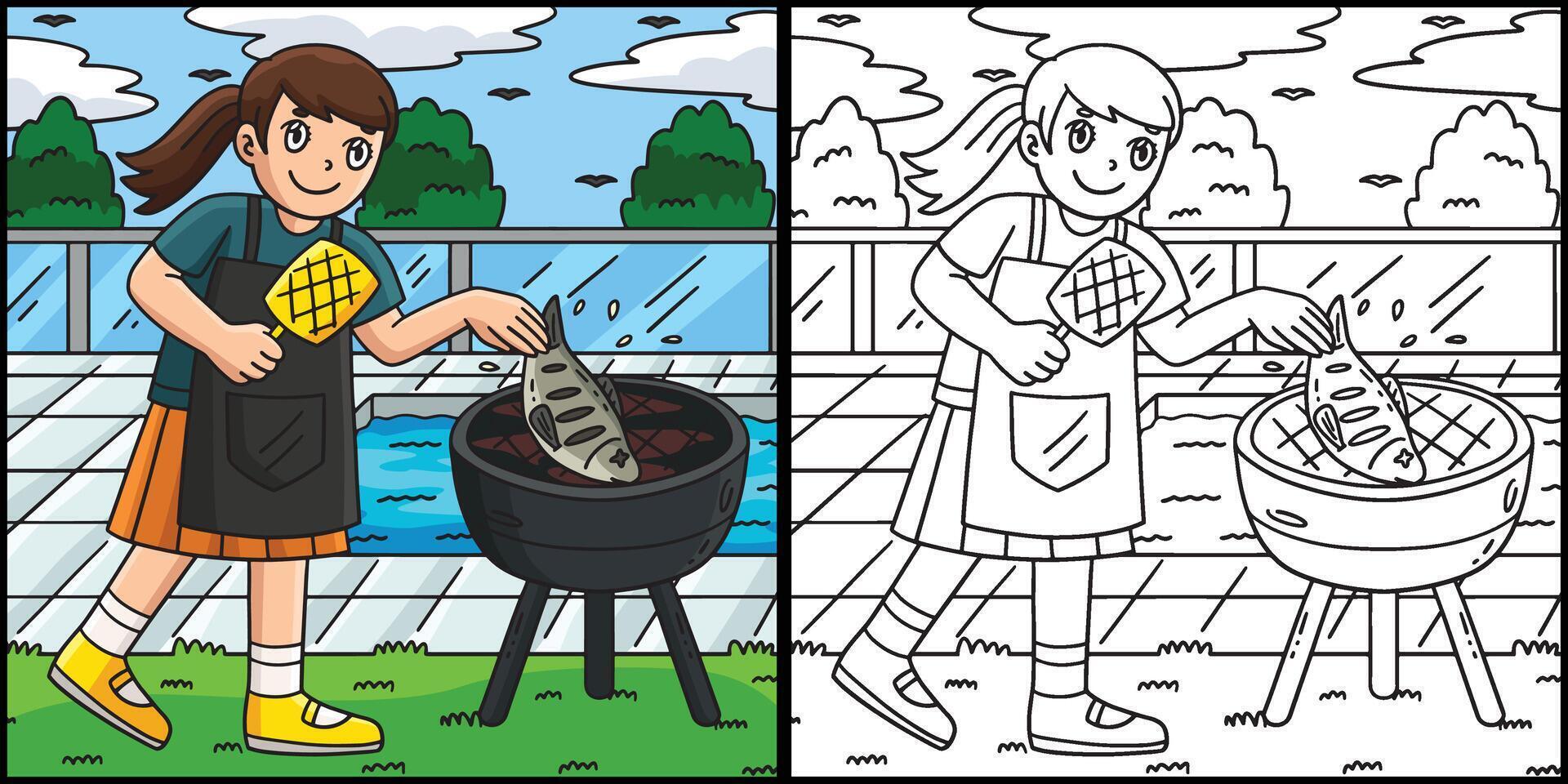 Kid grilling fish in backyard vector