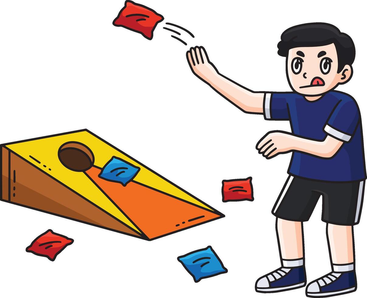 Cornhole Boy Practicing Cartoon Colored Clipart vector