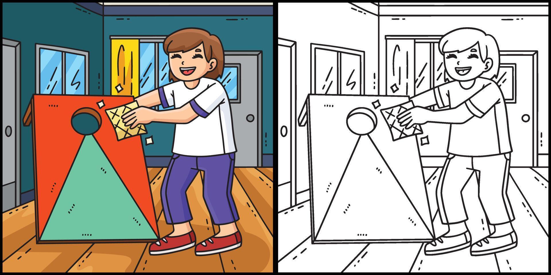 Cornhole Girl Cleaning Board Coloring Illustration vector