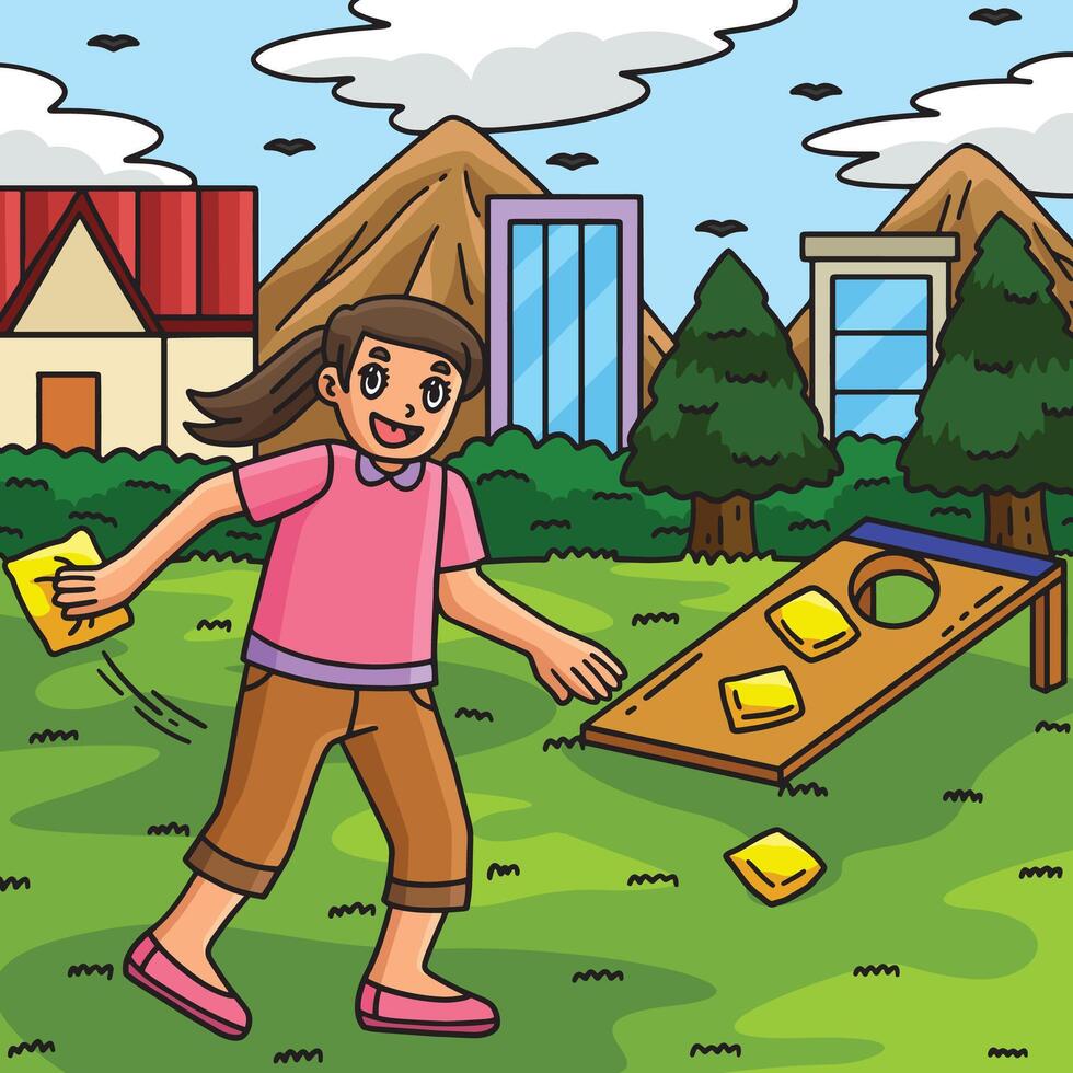 Girl playing cornhole in park vector