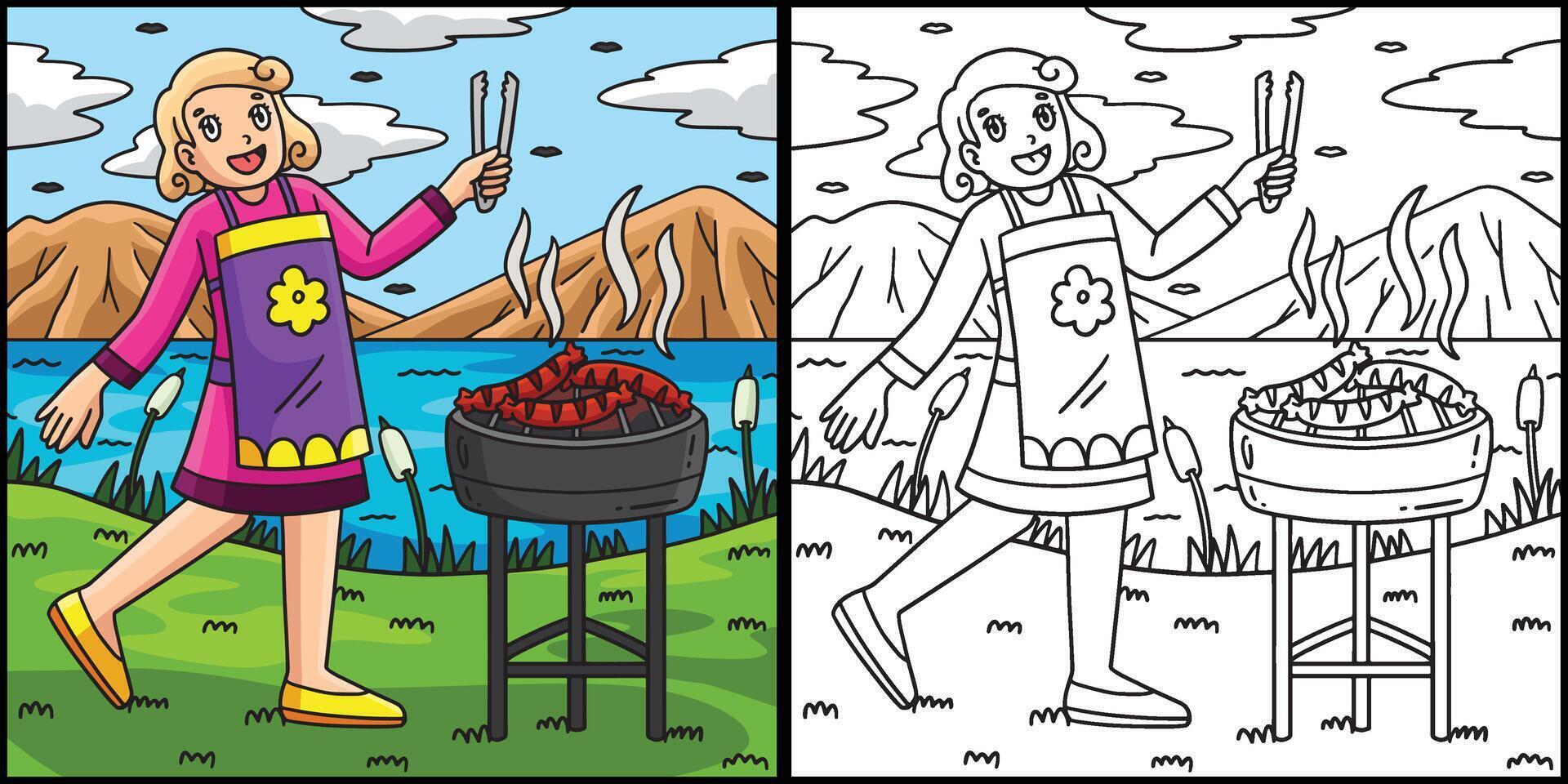 BBQ and Mom Grilling Sausages Illustration vector