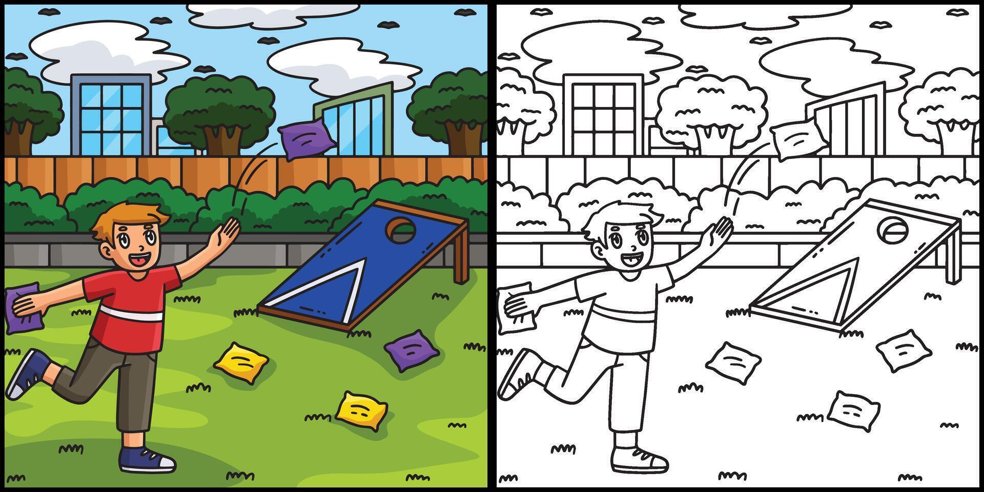 Cornhole Boy Tossing Bags Coloring Illustration vector