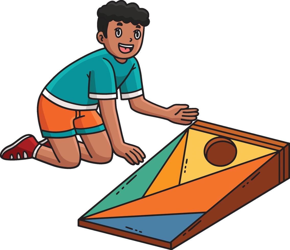 Cornhole Boy Setting Up Board Cartoon Clipart vector