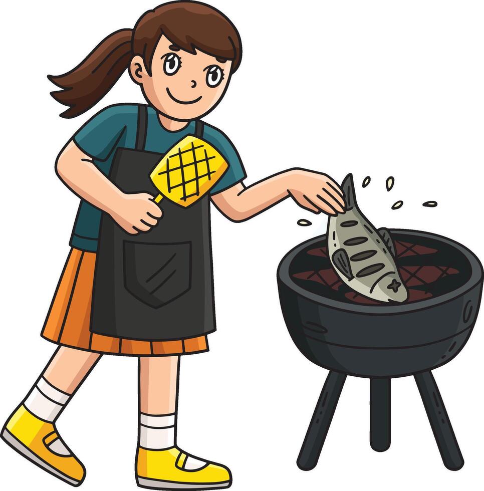 BBQ and Grilling Girl Putting Fish Grill Clipart vector