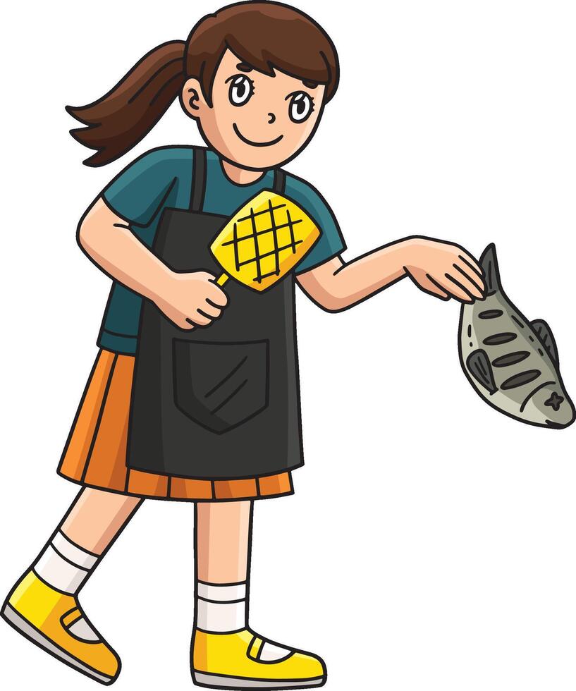 BBQ and Grilling Girl Holding Fish Cartoon Clipart vector