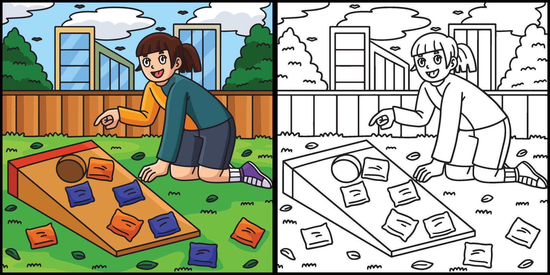 Kids playing cornhole outside in the park vector