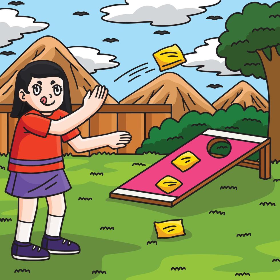 Girl playing cornhole outdoors vector