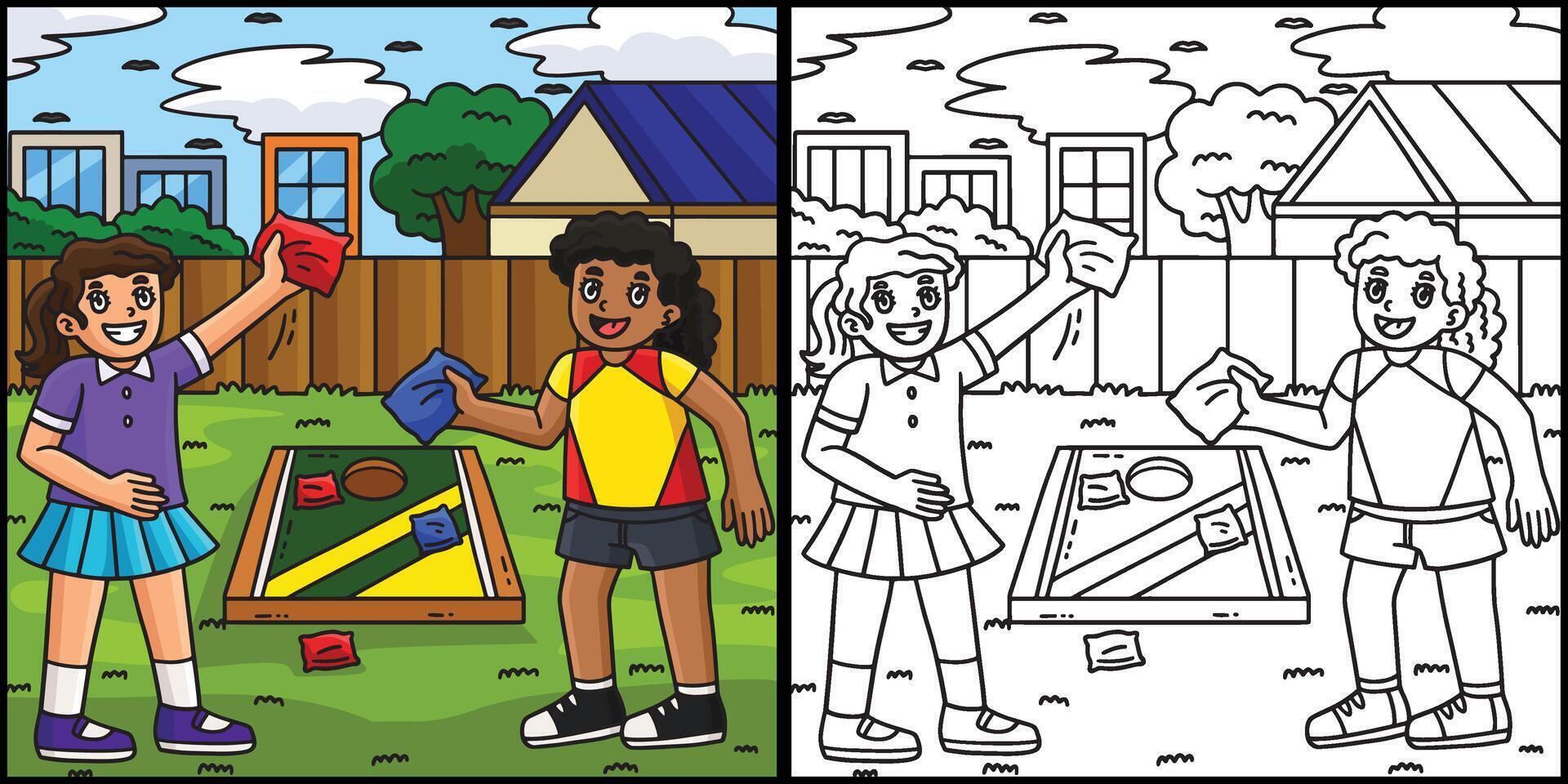 Cornhole Girls Playing Coloring Page Illustration vector