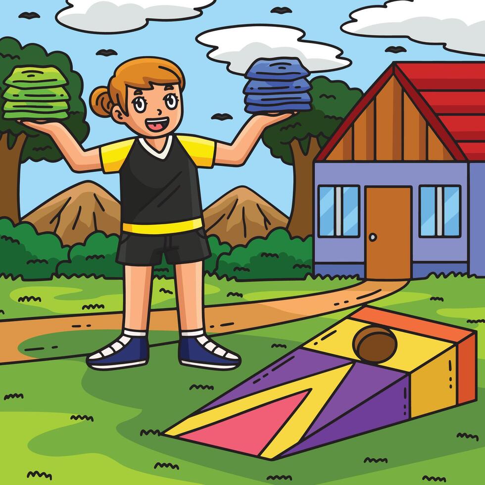 Cornhole Girl with Bags Colored Cartoon vector