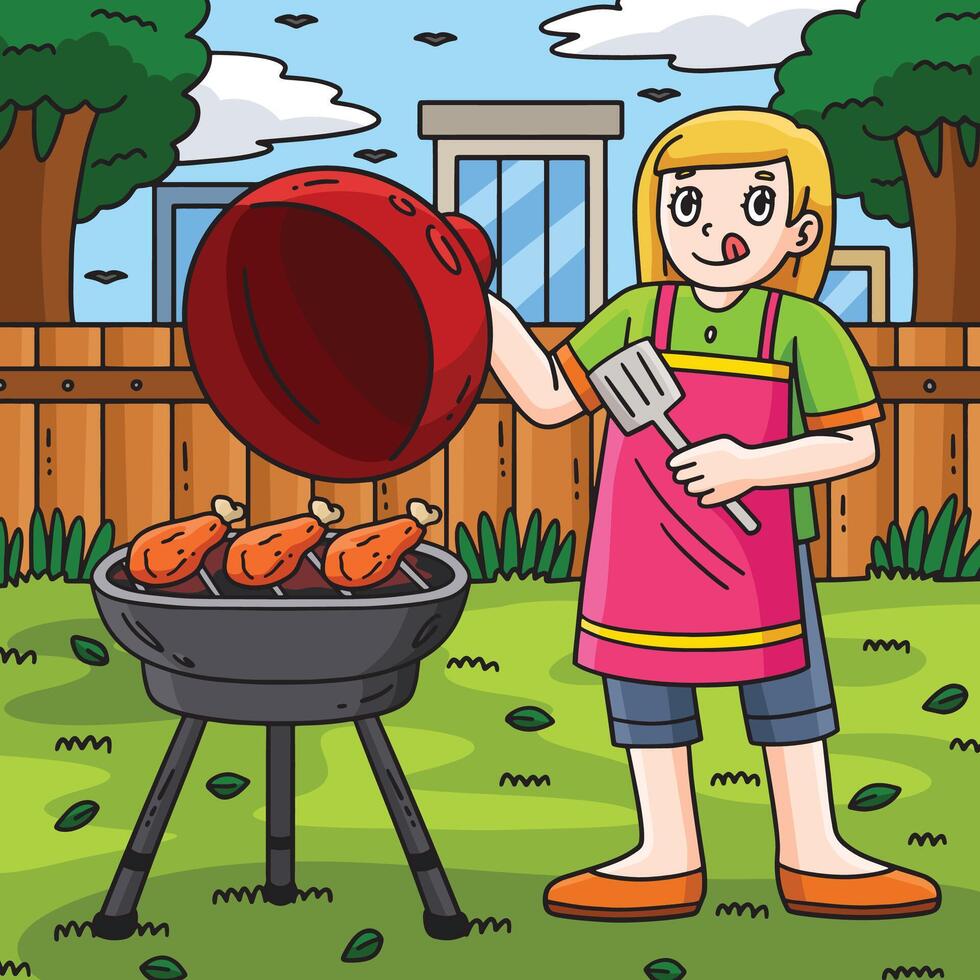 BBQ and Girl Grilling Chicken Colored Cartoon vector