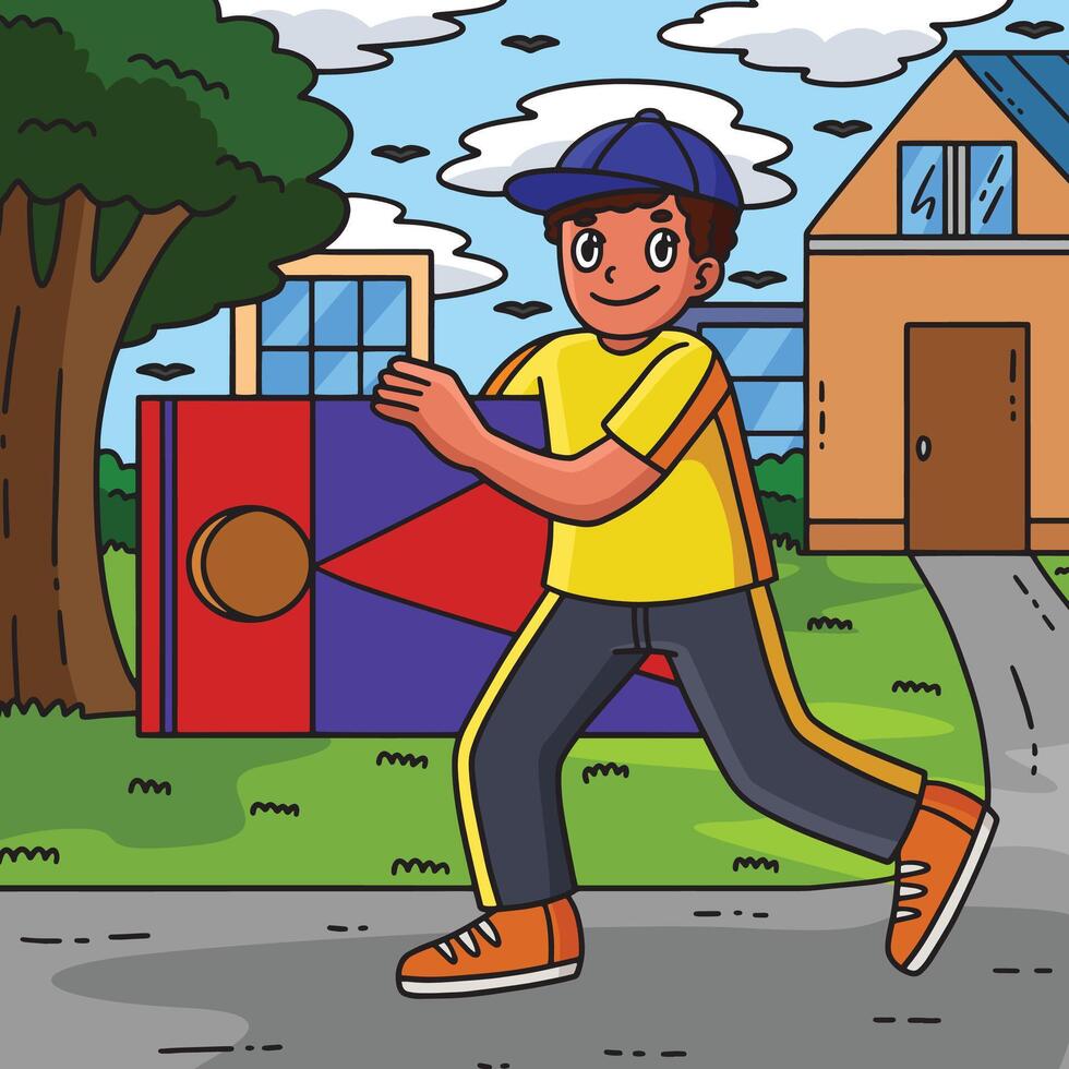 Boy carrying colorful box illustration outdoors vector