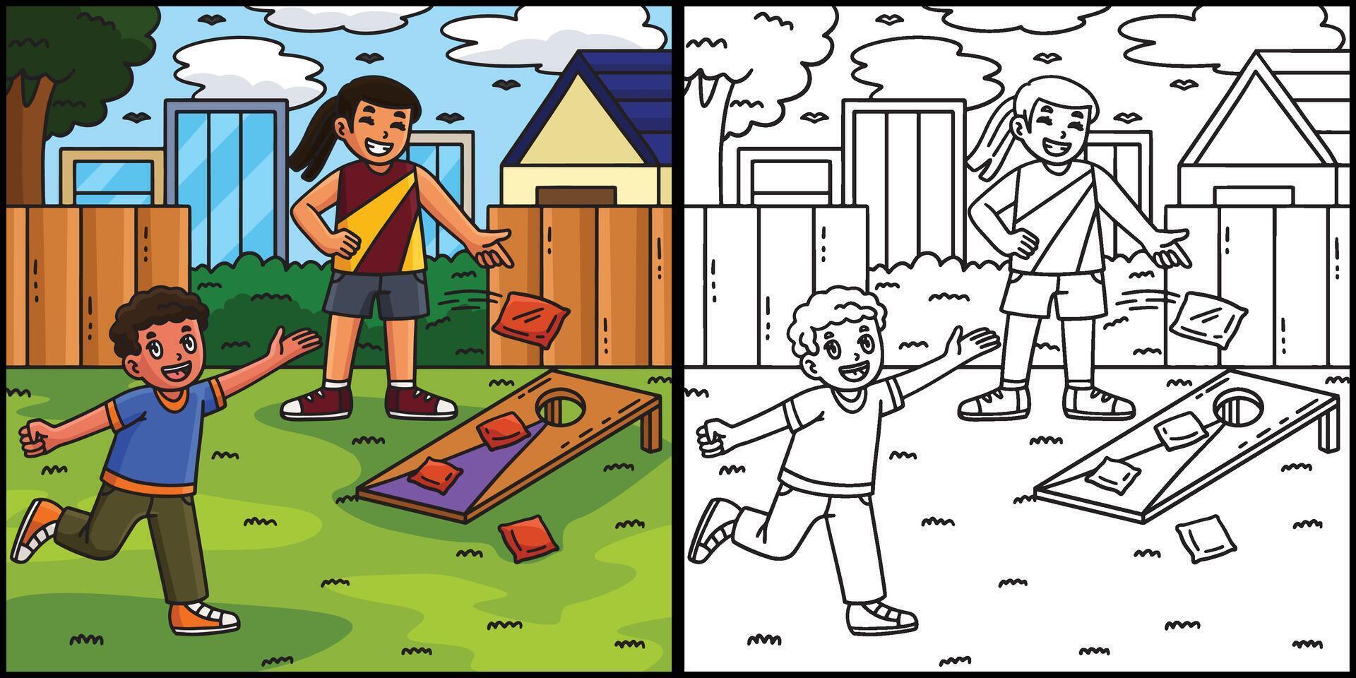 Kids playing cornhole outside vector