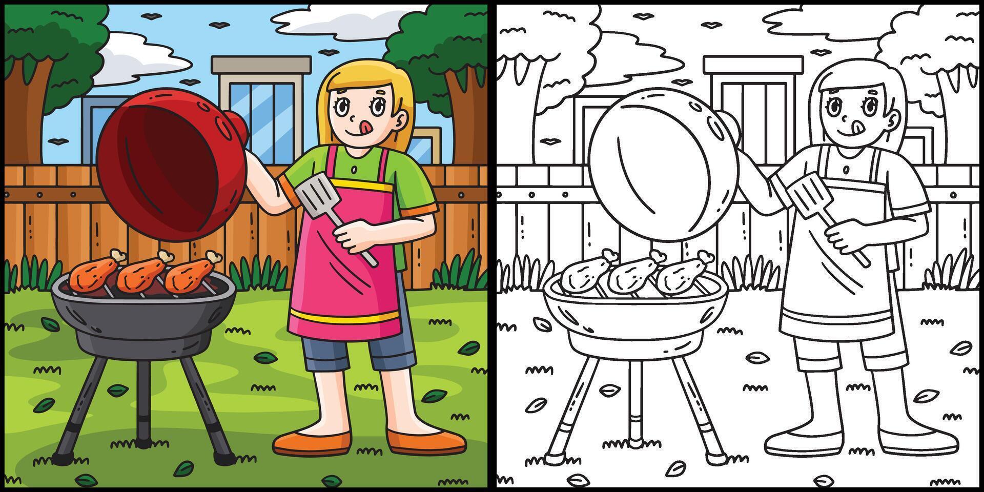 BBQ and Girl Grilling Chicken Illustration vector
