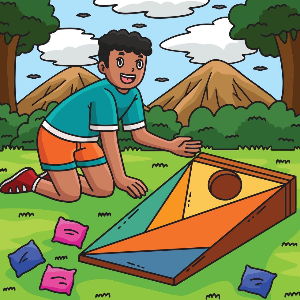 Cornhole Boy Setting Up Board Colored Cartoon vector