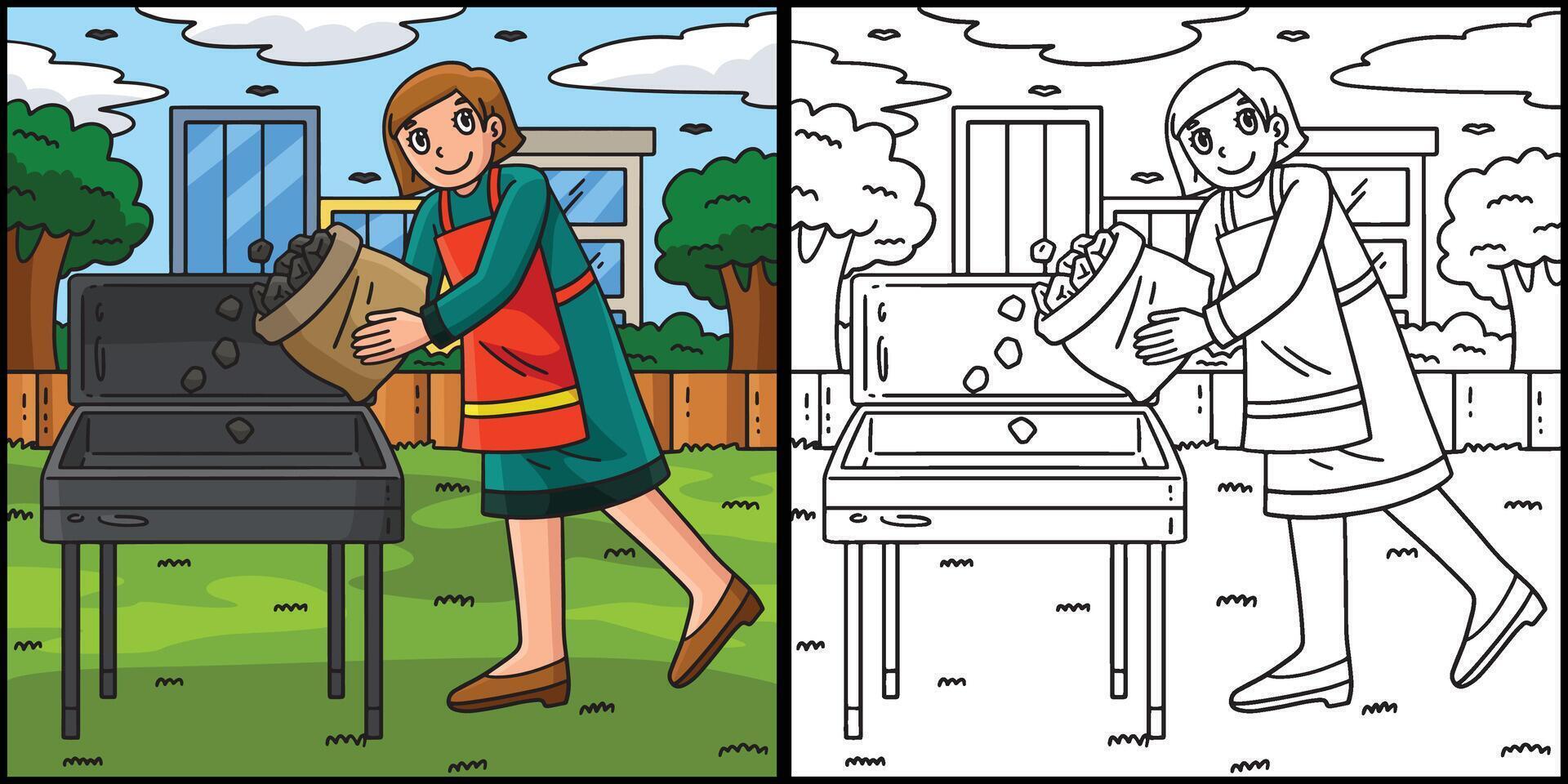 BBQ and Grilling Mom Pouring Coal Illustration vector