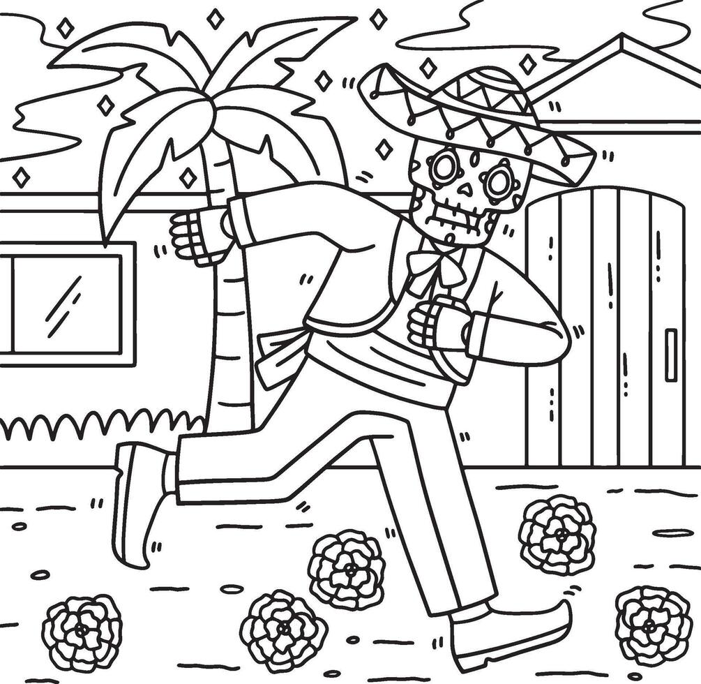 Dia de los Muertos Skeleton Dancing Coloring Page vector