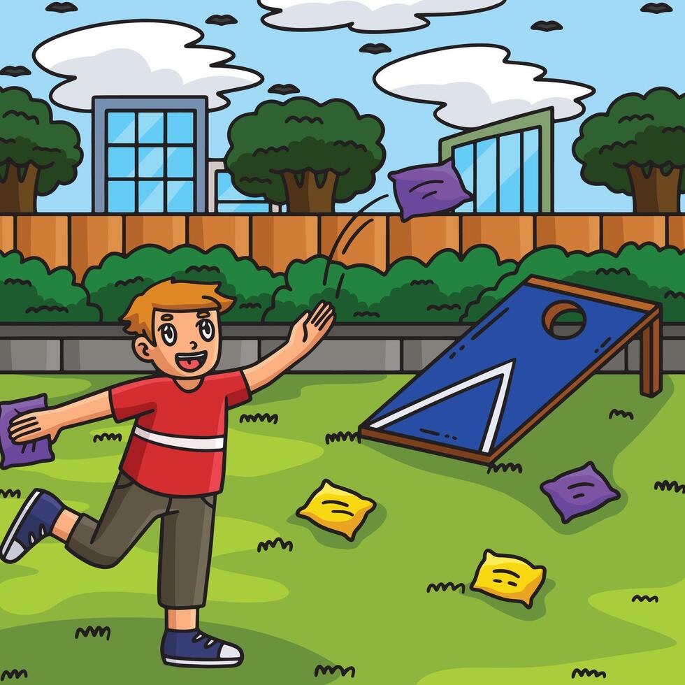 Cornhole Boy Tossing Bags Colored Cartoon vector