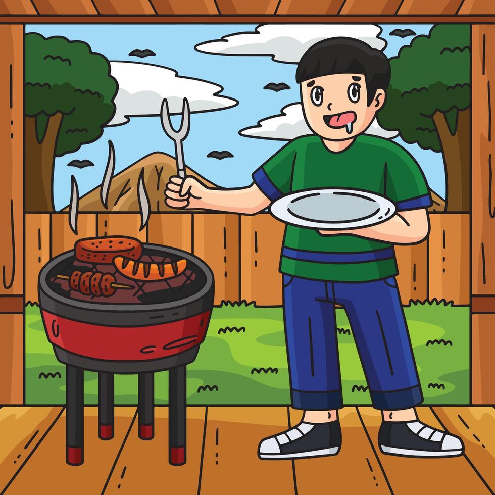 BBQ and Grilling Boy Waiting for the Food Colored vector