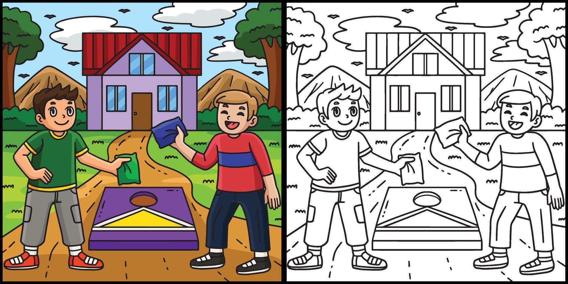 Kids playing cornhole outside a house vector