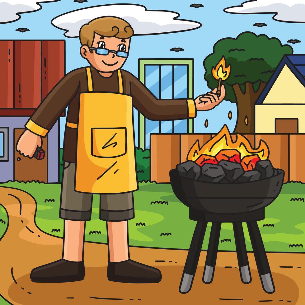 Man grilling in the backyard vector