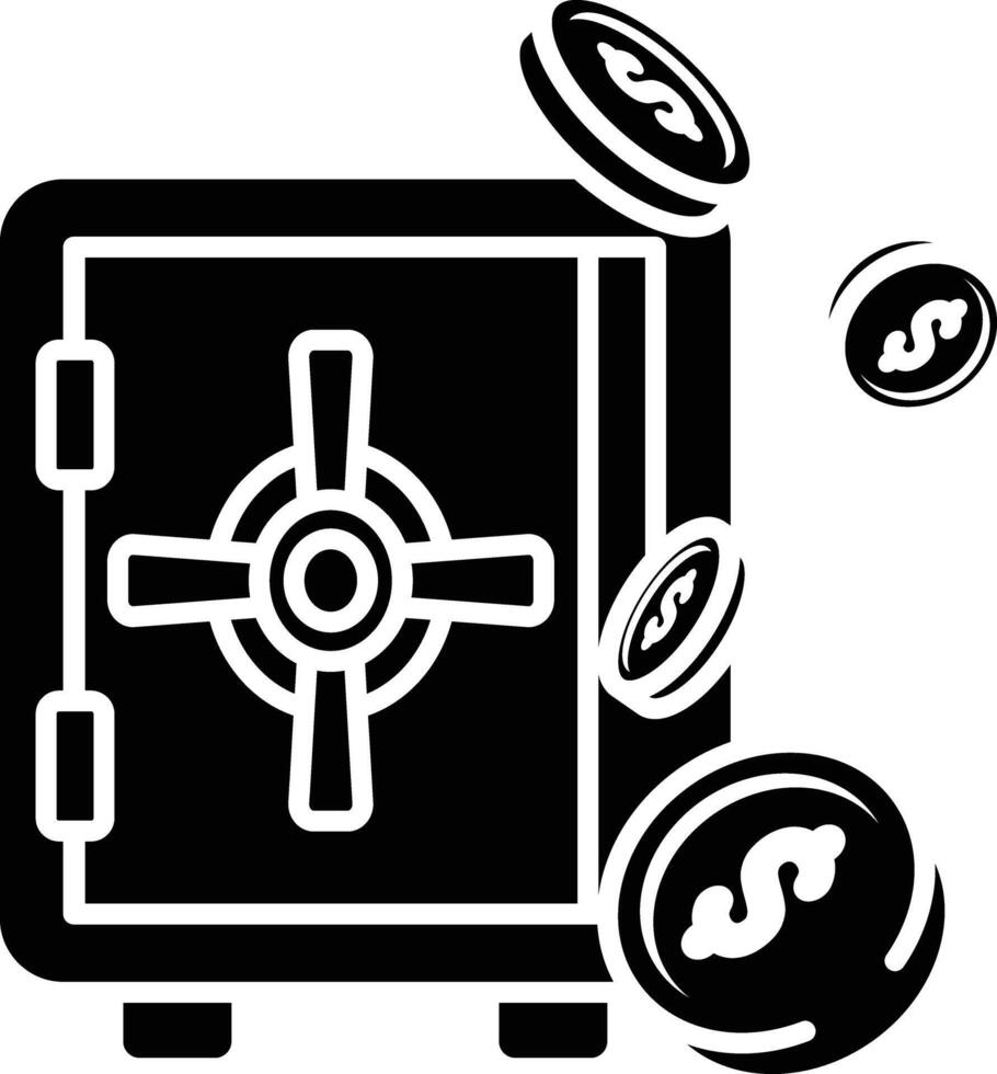 Safe Security and Financial Success icon solid style, Coins Falling into a Safe icon solid style vector