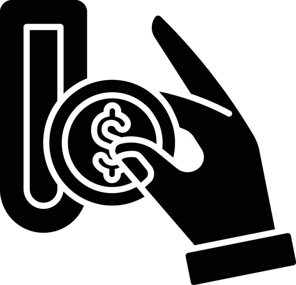 Hand inserting coin into a slot machine, illustration of financial transaction, digital money, payment concept icon solid style vector