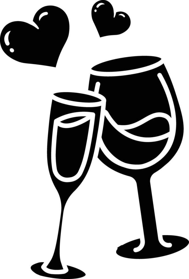Romantic Toast, Champagne Flutes and Wine Glass with Hearts icon solid style vector