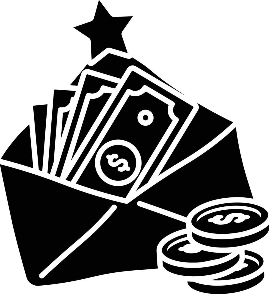 Financial Success icon solid style, An Envelope Filled with Cash and Coins, Symbolizing Wealth, Prosperity, and Achievement vector