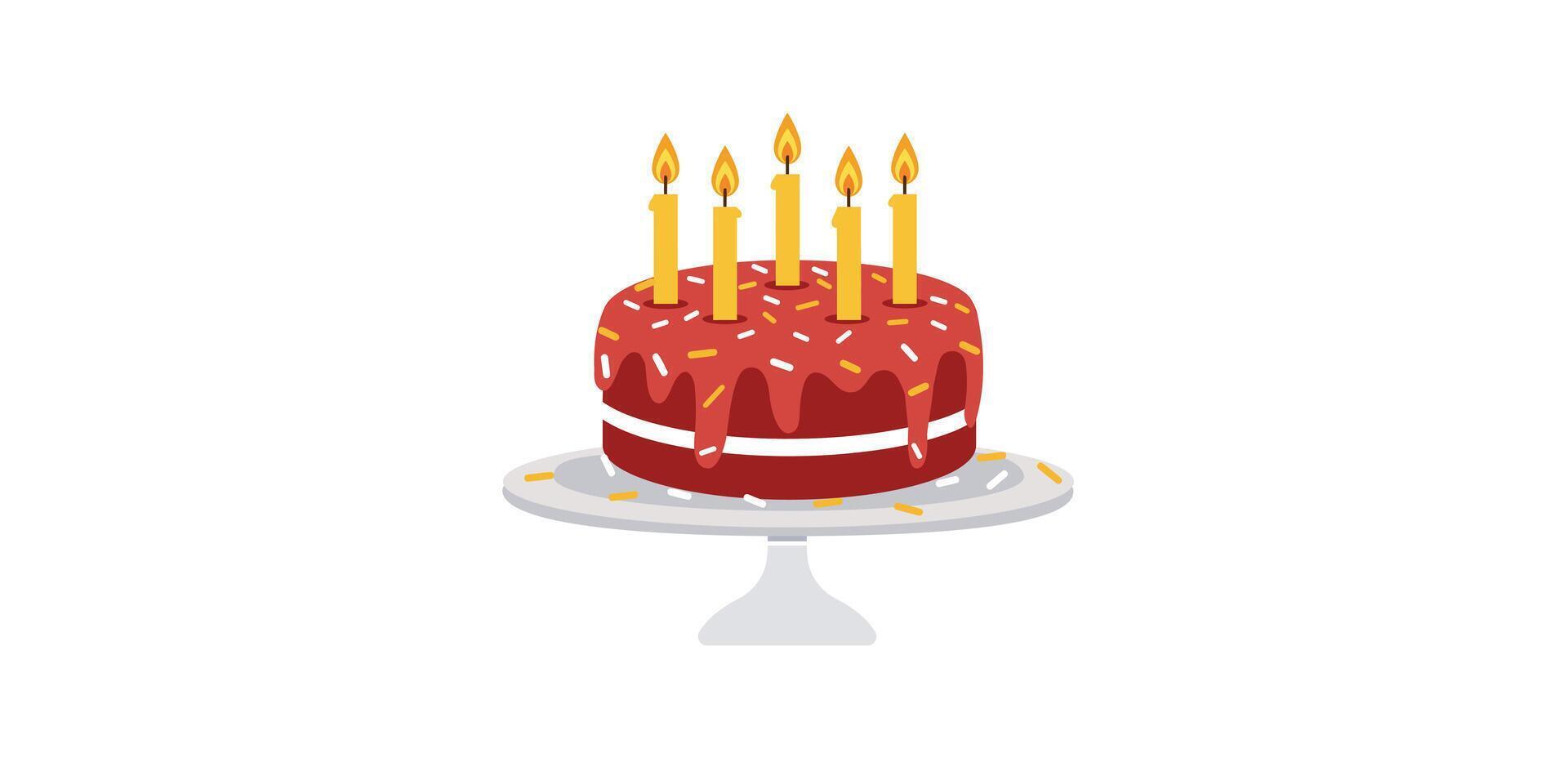 Birthday Cake with Lit Candles on a Cake Stand, Celebration Cake with Sprinkles and Candles vector