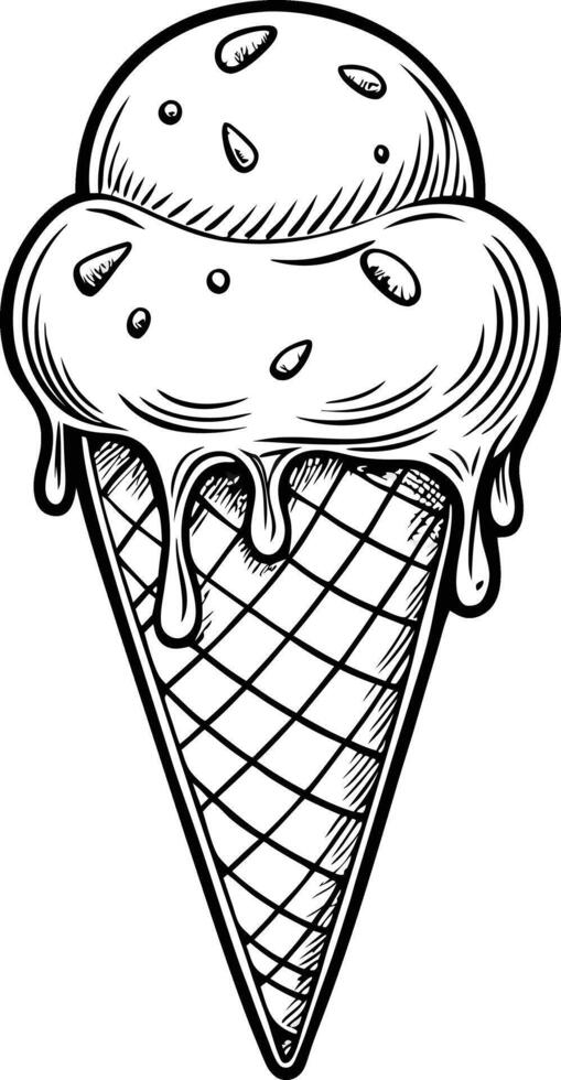 Hand Drawn Ice Cream Cone with Melting Scoops and Sprinkles Line Art Illustration vector