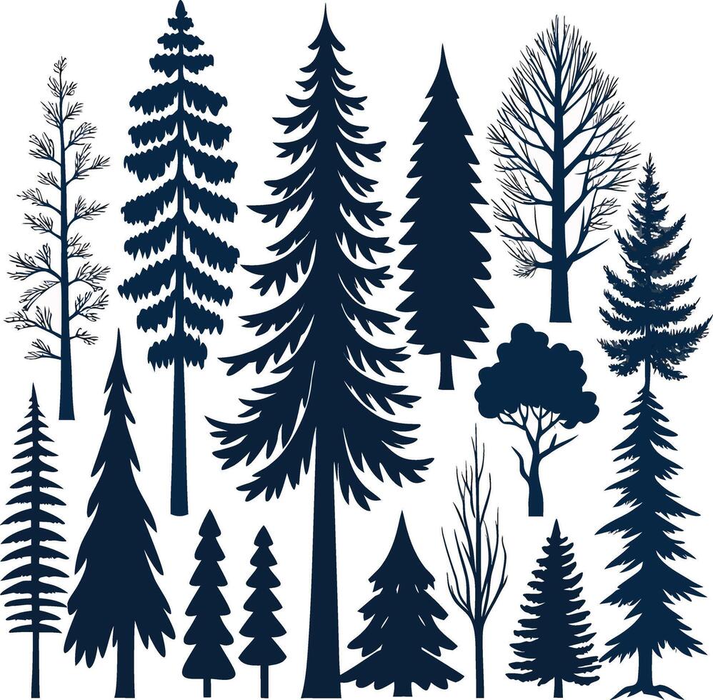 Variety of Tree Silhouettes Collection Evergreen and Deciduous Forest Illustration vector