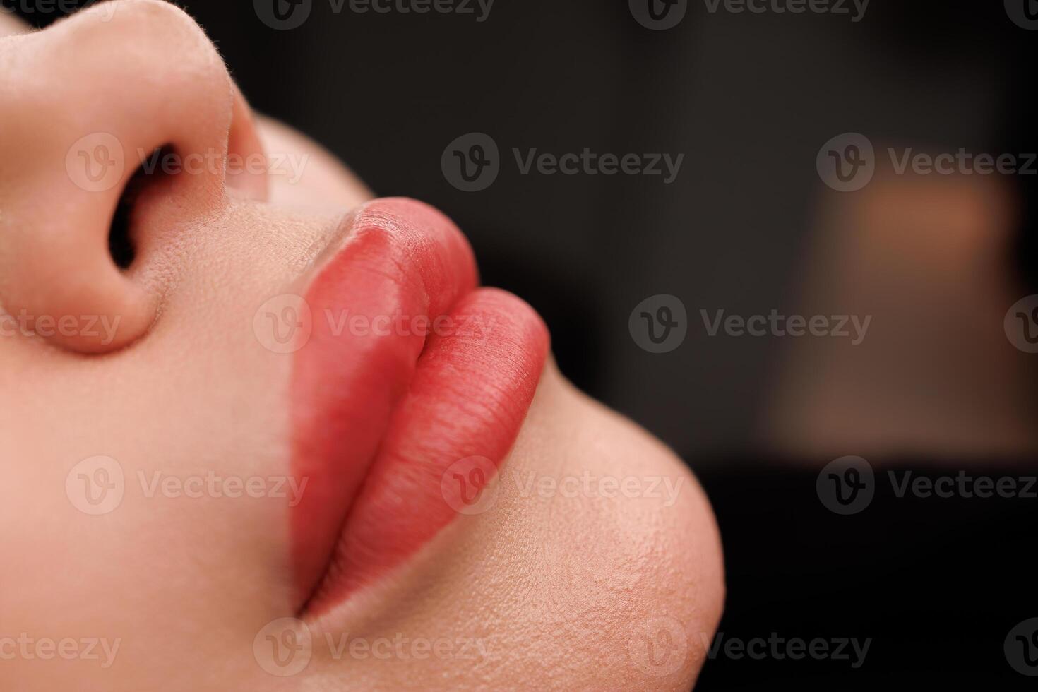 Enhanced lips in pink-red shade with well-blended edges and clear skin detail. photo