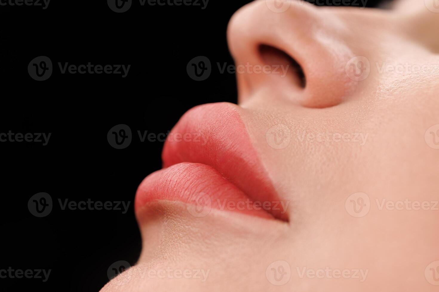 Natural pink shade with precise lip contour and smooth skin, no redness visible. photo