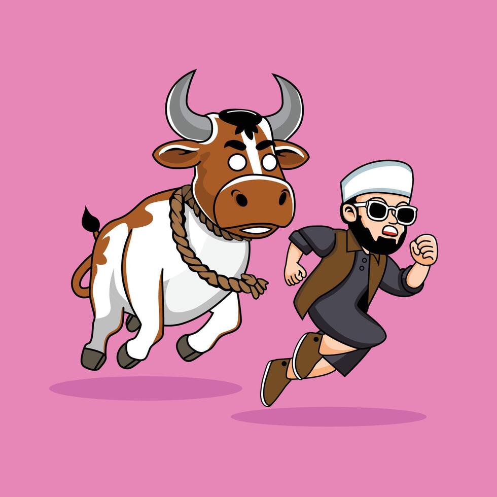 Muslim Boy Running from Brown Cow Cartoon vector