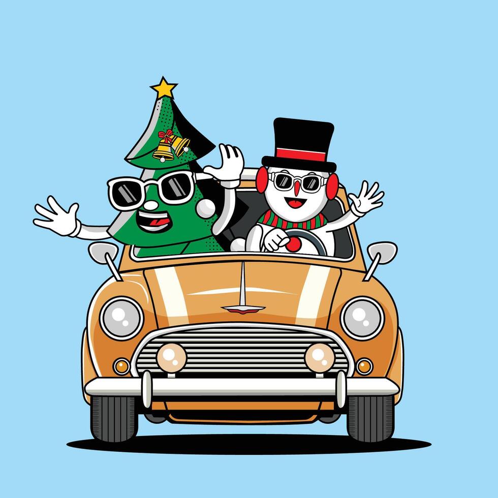 Christmas Tree and Snowman Riding in Retro Car vector