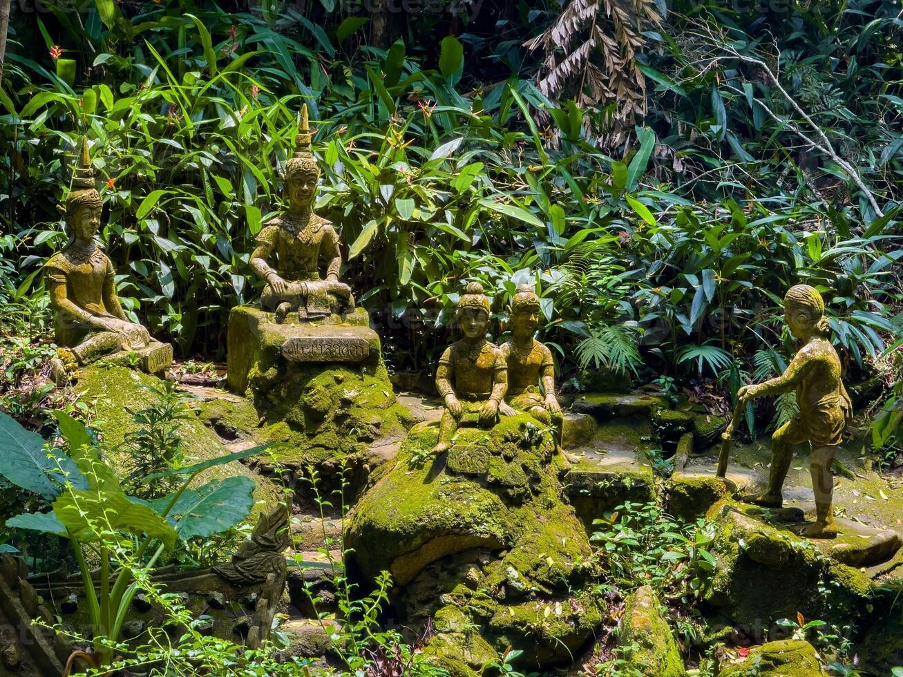 A low-angle, wide shot captures a serene collection of moss-covered stone statues nestled within a vibrant, sun-dappled tropical jungle garden on Koh Samui, Thailand. The intricate details of the photo
