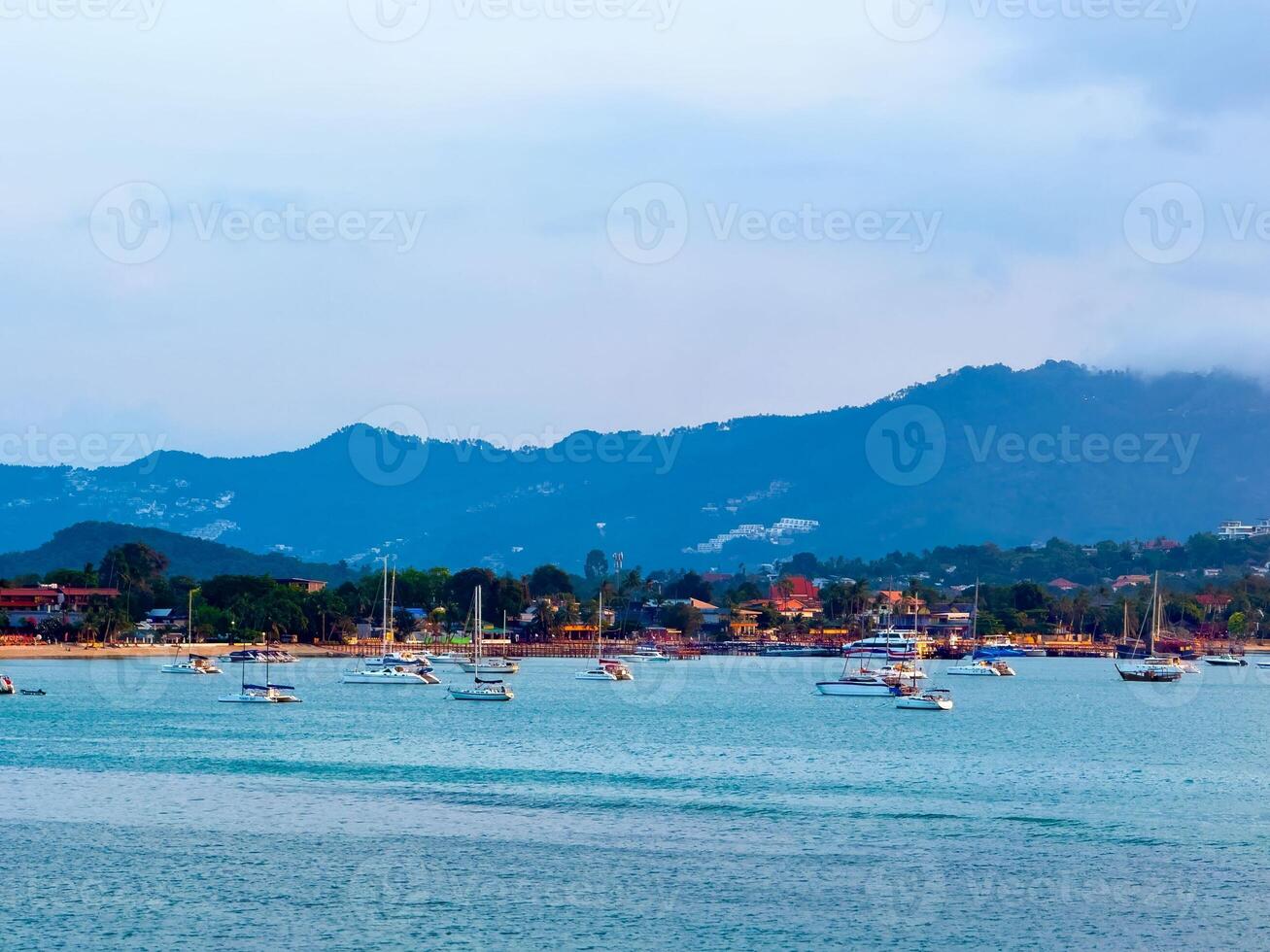 This wide-angle shot captures a serene bay filled with various boats gently resting on the tranquil, blue-green water. In the background, lush green mountains rise majestically, their peaks partially photo