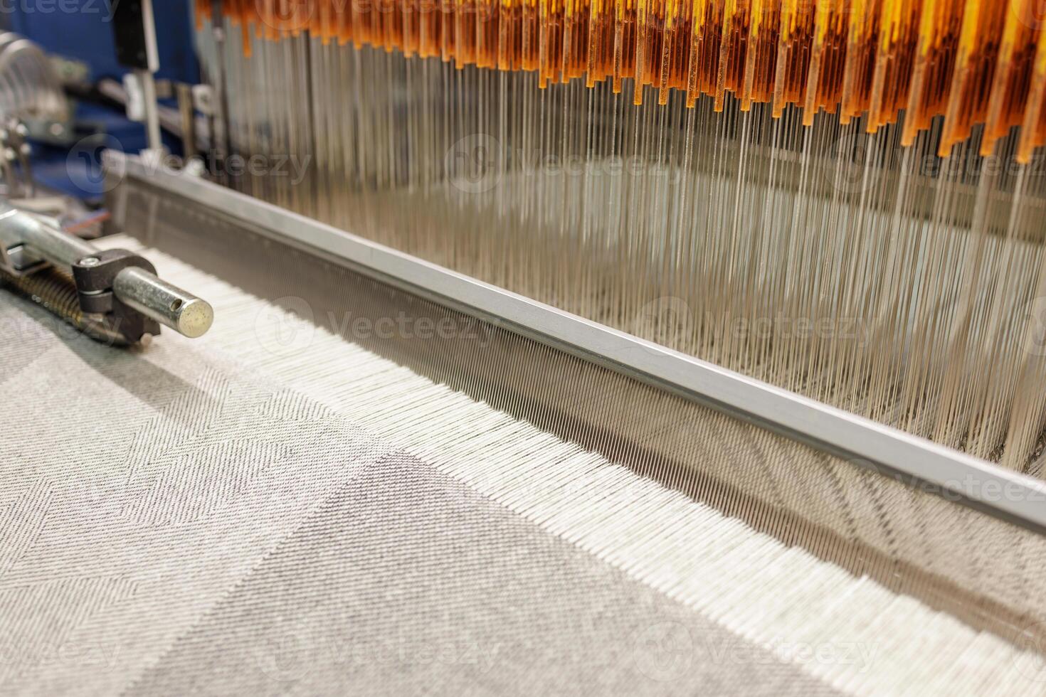 Factory Loom in Wool Fabric Production Closeup Modern Weaving Machine Industrial Textile Manufacturing photo