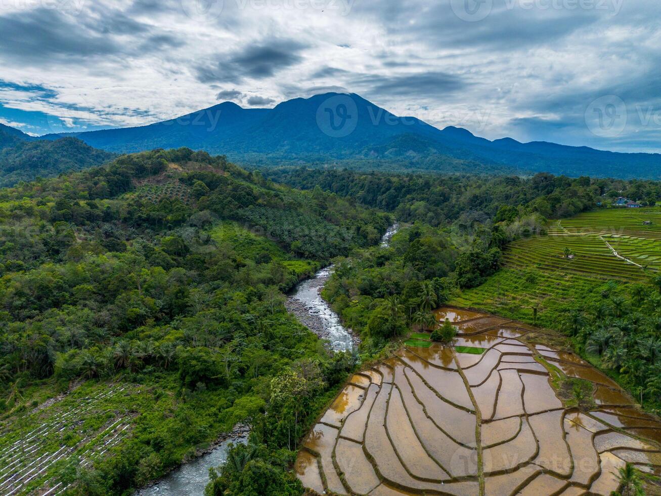 An aerial view of rice terraces and a river photo