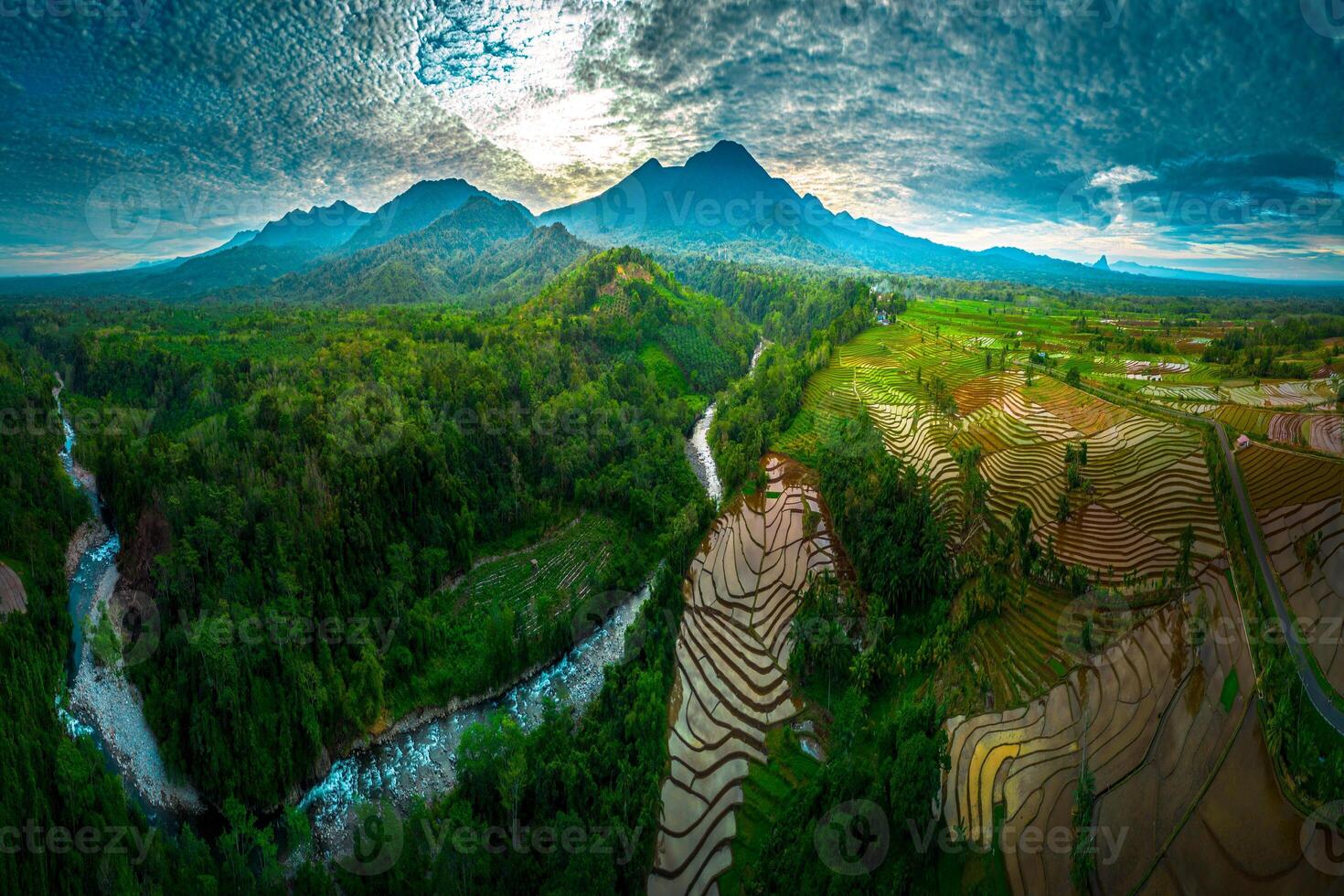A panoramic view of a valley and mountains photo