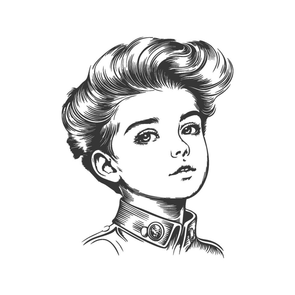 Young Boy With Stylish Hair Black And White Silhouette Illustration. Classic Portrait Of Youthful Elegance And Innocence. Isolated Illustration vector