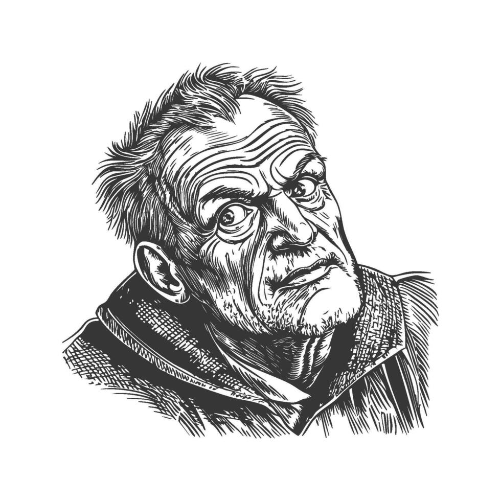 Elderly Man With Intense Expression Black And White Silhouette Illustration. Capturing Wisdom And Experience Isolated Illustration vector