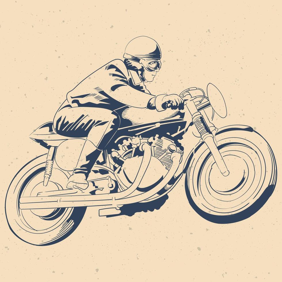 Retro Vintage Cafe Racer Motorcycle Rider Illustration Biker with Helmet and Goggles on Classic Custom Bike, Monochrome Ink Drawing vector