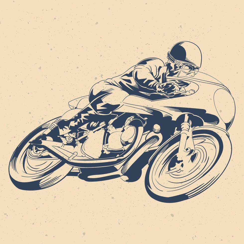 Vintage motorcycle racer illustration in retro drawing style vector