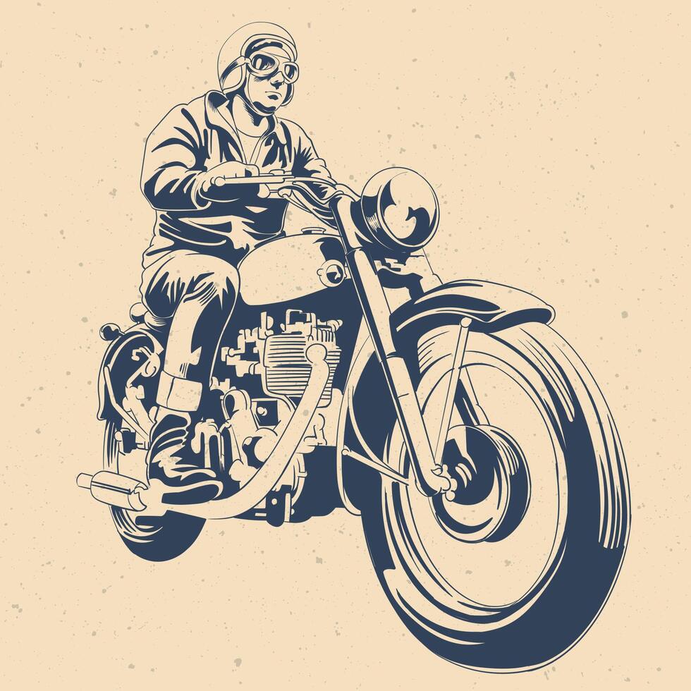 Retro style motorcycle rider sitting upright on classic bike vector